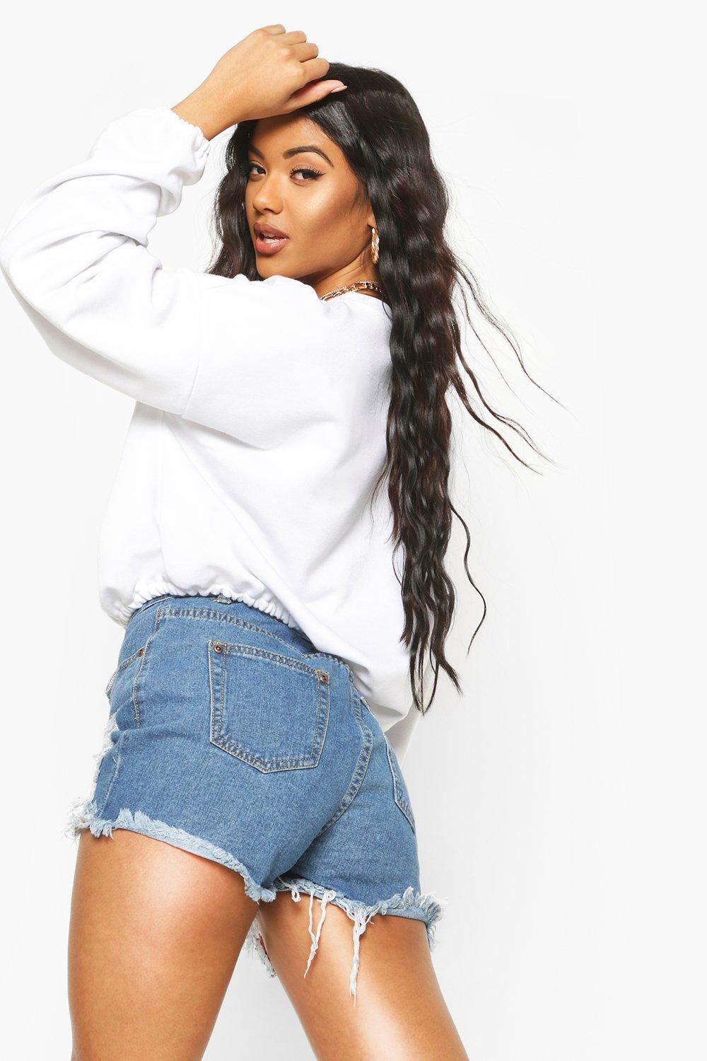 High Waist Graduated Distress Denim Shorts boohoo NZ
